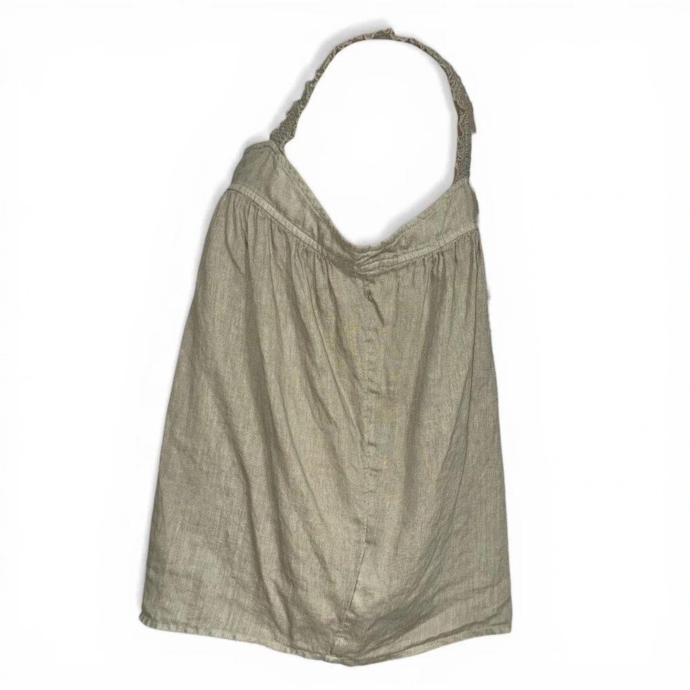 Cynthia Rowley 100% Linen Tank Top Olive Green Ruffle Strap Button Back Medium - Picture 6 of 10
